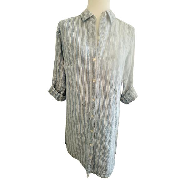 J Jill Dresses & Skirts - J. Jill Linen Striped Shirt Dress SP Blue White Button Front Casual Chic Travel